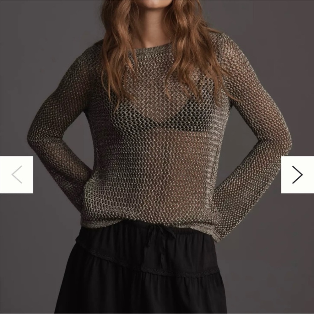 By Anthropologie Metallic Open Stitch Sweater, Silver XS